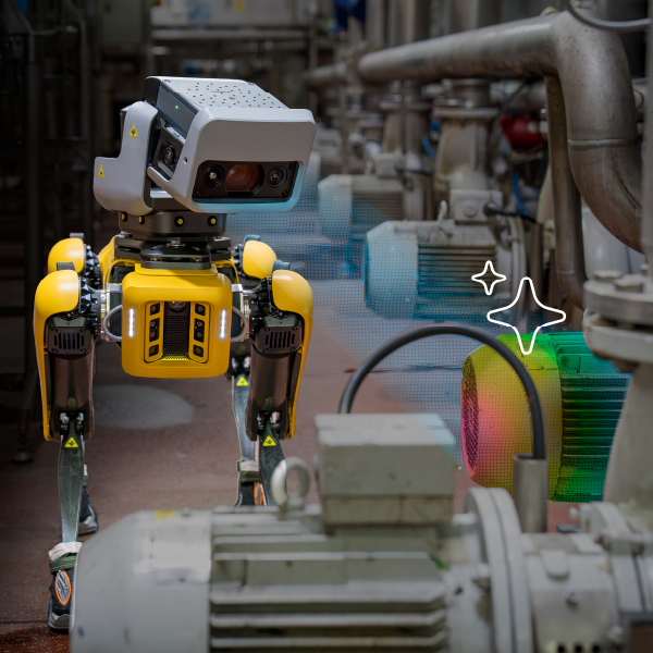 A graphic showing the Spot robot from Boston Dynamics conducting an AI inspection