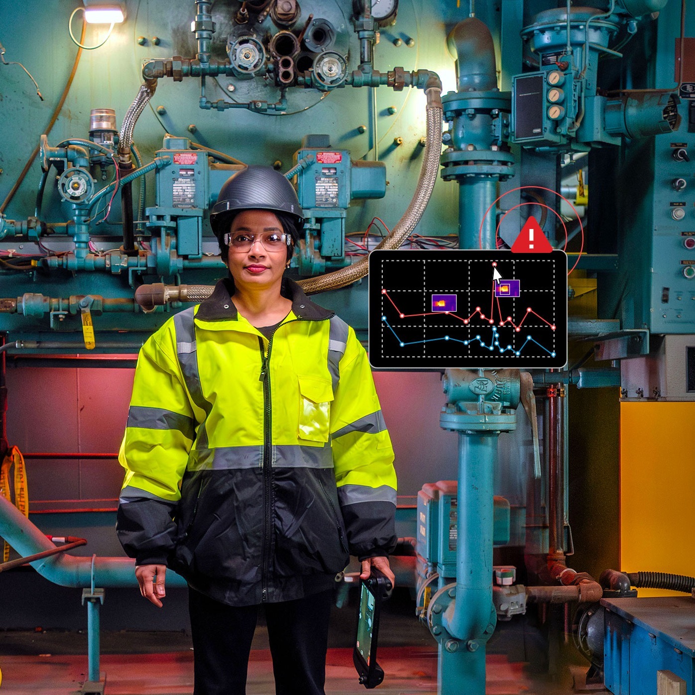 a reliability engineer stands in front of industrial equipment with a data readout overlaid